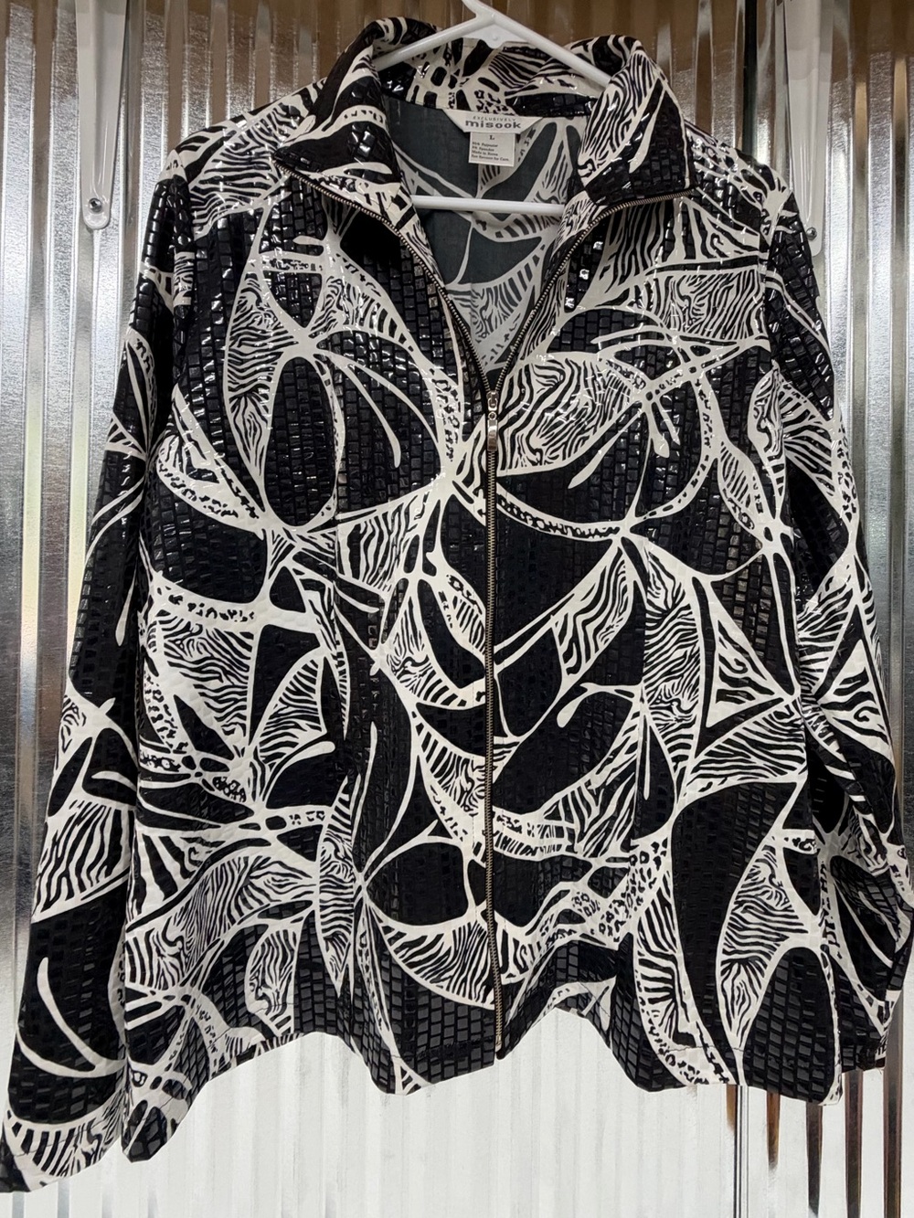 Misook Women’s Large Black White Abstract Print Zip Front Jacket